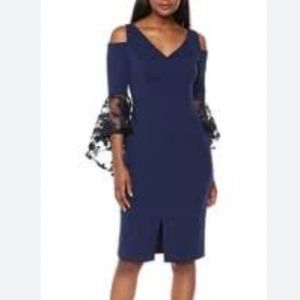 Maggy London Navy Blue Cold Shoulder Sheath Bell Sleeve Dress Sz 4
